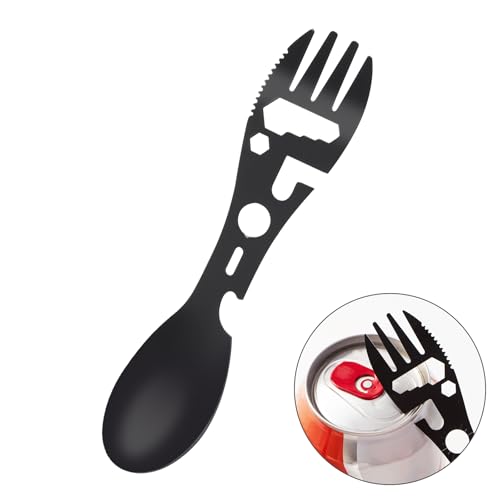 Utility Travel Spork Functional Cutlery Spoon Fork Knife Can Opener Stainless Steel 10 Functions All in One Outdoor Tools for Scouts Camping Travel Eating Tool Reusable Easy to Store Black