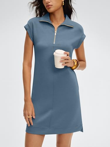 Image of ANRABESS Womens Summer Casual Half Zip Cap Sleeve Trendy Wrinkle-Free Tshirt Dress 2026 Spring Beach Vacation Short Dresses