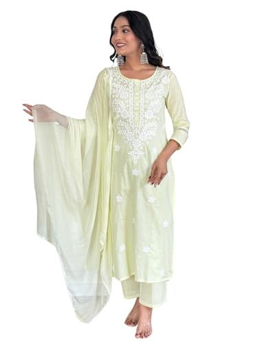 Naixa Women's Cotton Embroidered Straight Kurta with Pant and Dup...