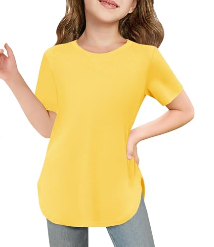 Haloumoning Girls Summer Short Sleeve Shirt Kids Crewneck Curve Hem Soft Tunic Tops T-Shirts 5-14 Years