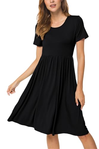 Image of DB MOON Women Summer Casual Short Sleeve Dresses Empire Waist Dress with Pockets