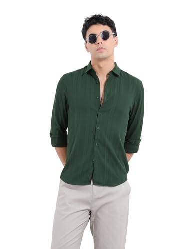 Chemise verte ajustée à manches longues pour homme, avec son col découpé texturé unique en taille L
