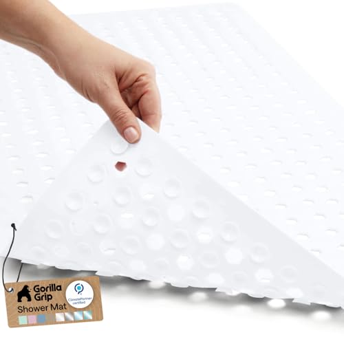 GORILLA GRIP Patented Bath Tub Shower Mat, Machine Washable Bathtub Floor Liner Mats, Suction Cups and Drain Holes to Keep Tubs Clean, Soft on Feet, Bathroom Essentials, 35x16 Inch, White