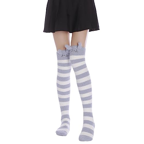 Image of Thigh High Fuzzy Socks Cute Animal Coral Fleece Over the Knee Thigh High Long Stockings Warm Stripe