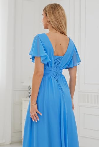 Image of Deep V Neck Chiffon Bridesmaid Dresses Ruffle Formal Dress with Sleeves Pleated High Low Evening Gowns for Women