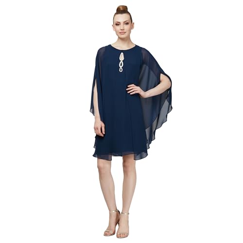 S.L. Fashions Women's Two Piece Knee Length Jacket Dress Keyhole Neckline, Navy Capelet, 12