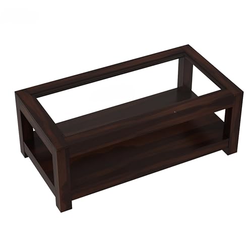 Image of Sheesham Wood Coffee Table with Glass Top Multipurpose Tea Table Wooden Centre Table for Living Room Home and Office (Walnut)
