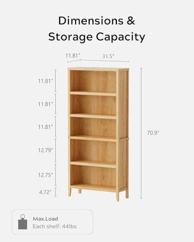 Image of EYYTHUNG 71 inch Tall Bookshelf, 5 Tiers Farmhouse Floor Standing Display Storage with Adjustable Shelf, Wooden Open Bookcase Home Decor Organizer, Large Modern Book Storage Shelf, Natural Oak