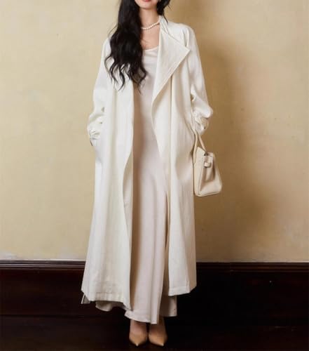 Women's Solid Color Tie-Down Loose Korean-Style Spring Plus-Size Long Linen Trench Coat3
