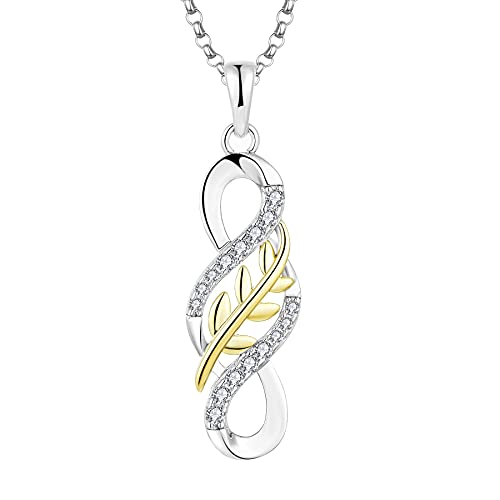 JO WISDOM Collier Infini Feuille Argent 925/1000 Femme,Pendentif avec 3A Oxyde de Zirconium avec Plaqué or Jaune
