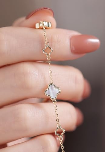 Sterling Silver 14K Gold-Plated Clover Bracelet with Mother of Pearl Four-Leaf Charm, Good Luck Gift for Women4