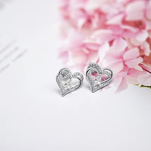 Heart Stud Earrings For Women - Sterlings Silver Hypoallergenic Cubic Zirconia Double Heart Shaped Earrings Gift For Mom Her Wife Lady,White #TOP2