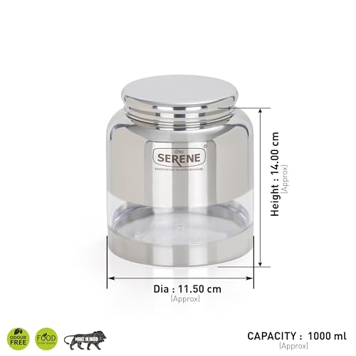 Image of Serene Stainless Steel Exotic See-Through Jar | Airtight Jars for Kitchen Storage | Premium Steel Jars with One Turn Lock Lid | Transparent Stainless Steel Containers | 1000ML each | 2 PC