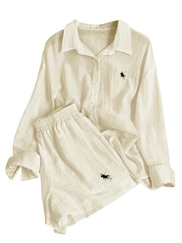 Image of SweatyRocks Women's 2 Piece Outfits Button Down Shirts Lounge Linen Sets and Mini Shorts Pajama Gauze Set Beachwear