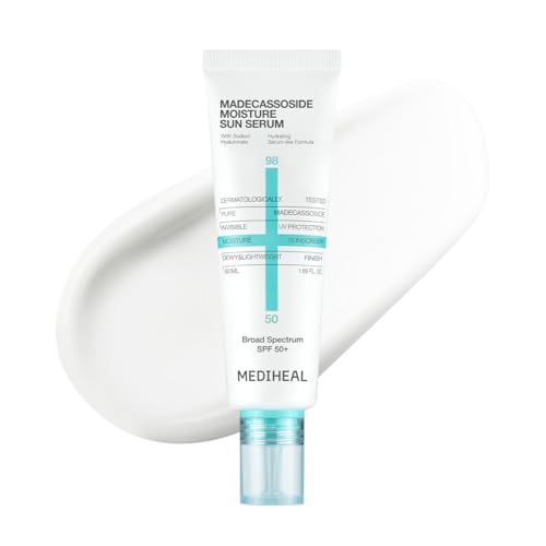 MEDIHEAL Madecassoside Moisture Sun Serum SPF 50+ Hydrating Korean Sunscreen for Face Lightweight Serum Texture No White Cast Soothing & Dewy Glow Finish Broad Spectrum UVA/UVB 1.69 fl oz