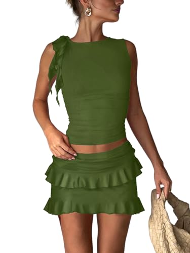 Image of 2 Piece Sets for Women Y2k Going Out Ruffle Trim Ruched Tank Top And High Waist Skirt Set Club Mini Dress