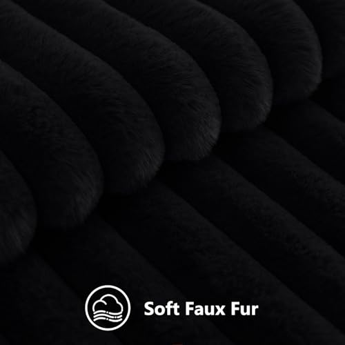 Image of decorUhome Fall Cozy Faux Fur Throw Pillow Covers 24x24 Set of 2 Decorative Soft Plush Striped Modern Farmhouse Boho Couch Euro Sham Pillow Cases with Velvet Back for Sofa Bed Living Room, Black