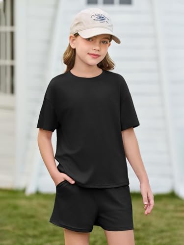 Image of Haloumoning Girls Summer 2 Piece Outfits Kids Oversized T Shirts and Shorts Clothing Sets 5-14 Years