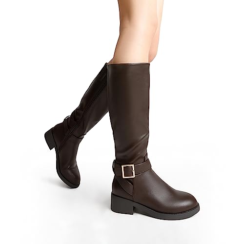 Image of DREAM PAIRS Women's Knee High Riding Boots Comfortable Low Chunky Heel Side Zipper Round Toe Casual Classic Ranching