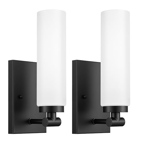 Image of Emak Black Sconces Set of 2, Modern Wall Lights with Milk Glass Shade, Farmhouse Vanity Lights for Bathroom, Living Room, Bedroom, Gallery, WS086-BK-ML-2PK