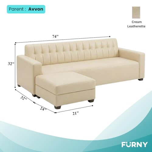 Image of FURNY Luxe 4 Seater L Shape Sofa Set with Movable Ottoman | Flexible Left or Right Layout | Premium Leatherette Upholstery (Cream) | Perfect for Living Room, Guest Room & Office