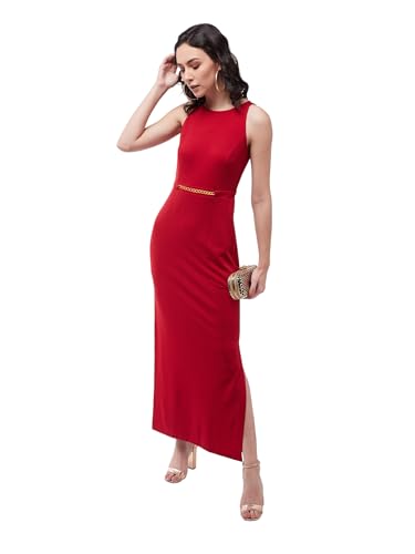 Image of Miss Chase Women's Comfortable Round Neck Sleeveless Striped Midi Bodycon Dress with Zipper
