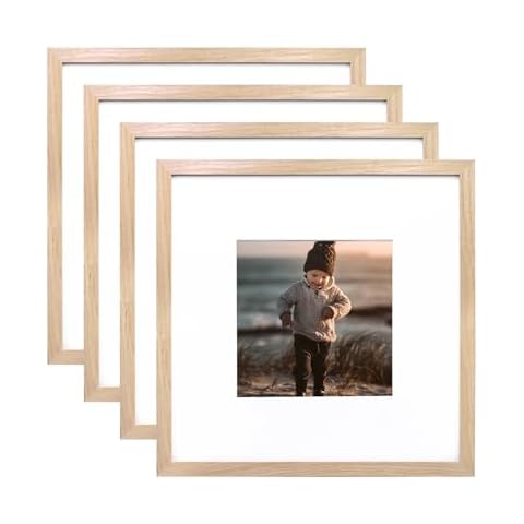 KINLINK Square 14x14 Picture Frames, Square Natural Wood Frames with Acrylic Plexiglass for Pictures 8x8 With Mat Wall Mounting Display Set of 4 Cover