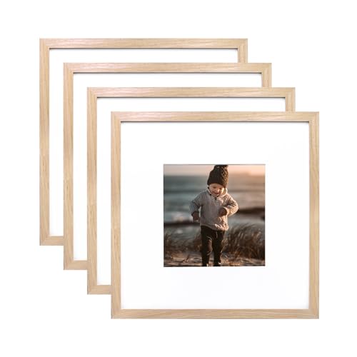Square Natural Wood Frames with Acrylic Plexiglass for Pictures 8x8, Set of 4