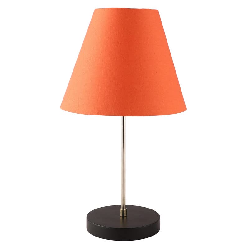 Image of Silver Table Lamp with Handmade Conical Orange Shade, Minimalist Design, for Couple Dinner /Coffee Table /Restaurant /Bedroom, On /Off Switch Long Wire