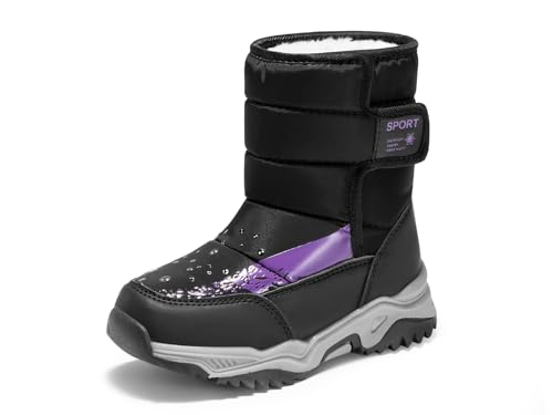 Haloumoning Boys Girls Snow Boots Hook and Loop Mid Calf Waterproof Slip Resistant Winter Warm Shoes for Little Big Kids