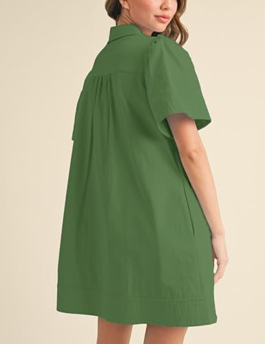 Image of Womens Short Sleeve Button Down Mini Shirt Dress Lapel Collar Short Dresses with Pocket