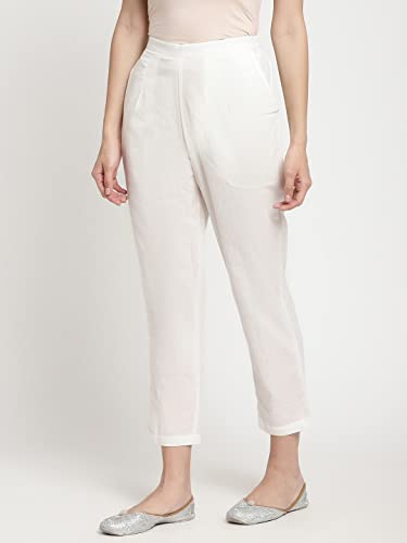 Image of Women's White Cotton Straight Fit Trouser | Ankle Length Casual Pants for Women | Mid Rise Comfortable Stretchable Bottom Wear with Pocket