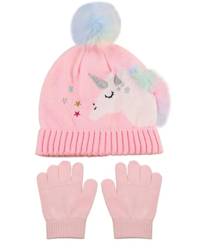 Toddler Kids Girls Winter Knit Unicorn Beanie Hat and Gloves Set with Pom Pom Age 2-8 Yrs
