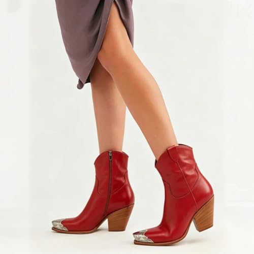 Image of keleimusi Women's Western Cowgirl Ankle Boots Stacked Block Heel Cowboy Booties Steel Toe Heeled Short Cowboy Boots Western Booties