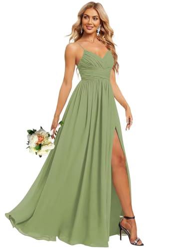 Chiffon V Neck Bridesmaid Dresses Long for Women with Slit Empire Waist Pleated Formal Party Dress