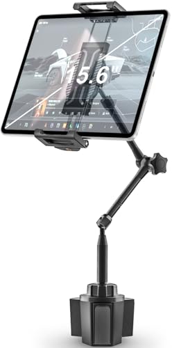 woleyi Tablet Holder for Car Cup Holder [Full Motion Swivel 19.7 Height] Metal Tablet Car Mount for Truck for iPad Pro Air Mini Galaxy Tab Z Fold Fire iPhone 6-15.6 Devices Cars Trucks SUVs