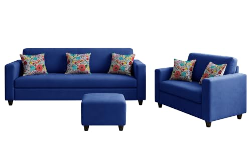 Image of Rosebell 3+2 Fabric Sofa Set with Ottoman | Premium Upholstery 5-Seater Sofa | with Printed Cushions | Living Room Furniture |Blue-Color
