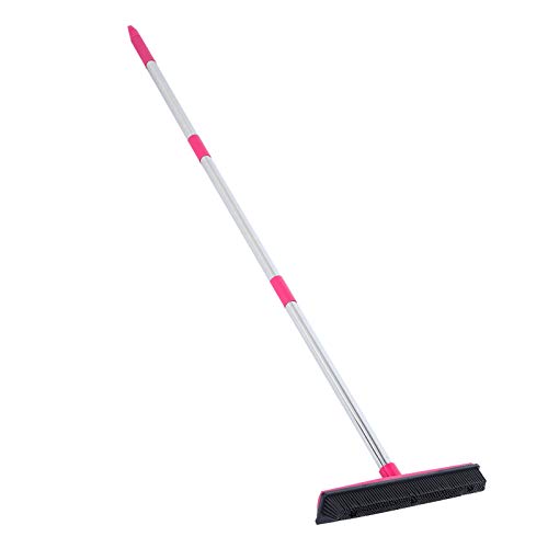 Telescopic Rubber Broom with Squeegee, Multifunction Adjustable Pet Hair Removal Carpet Rake for Fluff Rug Hardwood Floor (Roseate)