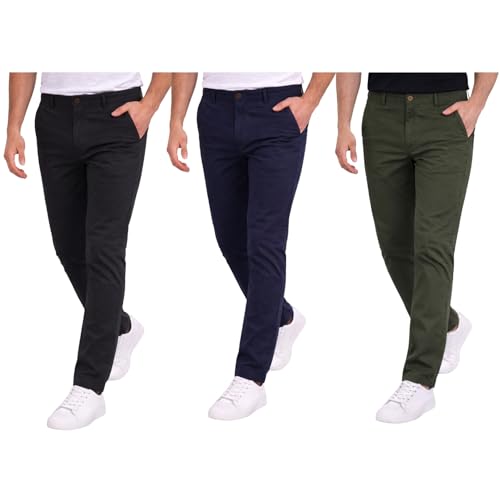 Lista de Pantalones Economicos para Caballero del mes. 39 Paquete de 3 Pantalones Estilo Chino de Gabardina Premium para Hombre - Ideales para Uso Casual y en la Oficina | Ropa y Moda para Hombre - Pantalón de Algodón. (Negro - Azul...