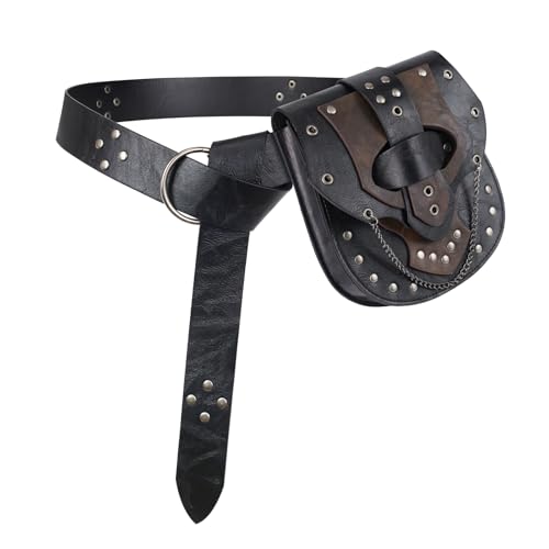 Image of HiiFeuer Steampunk Studded Waist Pack Bag with Belt, Vintage Punk Belt Pouch Portable Fanny Purses for Ren Faire Cosplay (Black A)