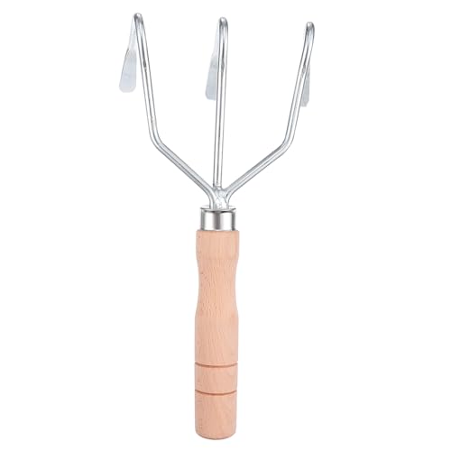 SHINEOFI Coltivatore Manuale a 3 Punte con Manico in Legno, Rastrello da Giardino Portatile per Terreni Difficili, Attrezzo da Giardinaggio per Arieggiatura e Coltivazione in Cortile,