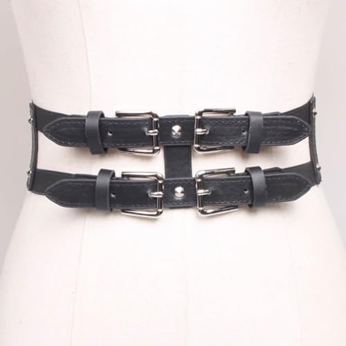 Double-Row Black Belt Punk Rock Waist Belt Women's Elastic Wide Waist Belt Waist Trendy and Cool Decoration2