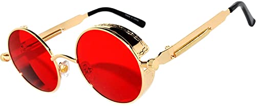OWL Steampunk Retro Gothic Vintage Hippie Colored Metal Round Circle Frame Sunglasses Colored Lens (Steampunk_C10_Gold_Red_Sea, PC Lens)