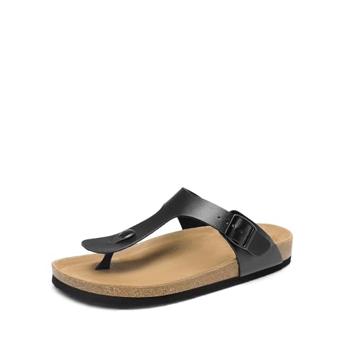 DREAM PAIRS Arch Support Thong Sandals for Women Casual Leather Flip Flops Dressy Slides with Soft Cork Footbed Adjustable Strap for Summer Beach Vacation 6 Black