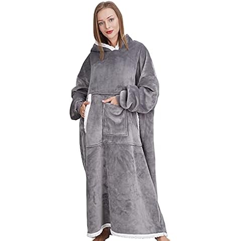 Lansru Oversized Hoodie Blanket Sweatshirt, Soft Warm Cozy Wearable Hooded Giant Flannel Throw Blanket for Women and Men with Big Pocket Grey Cover