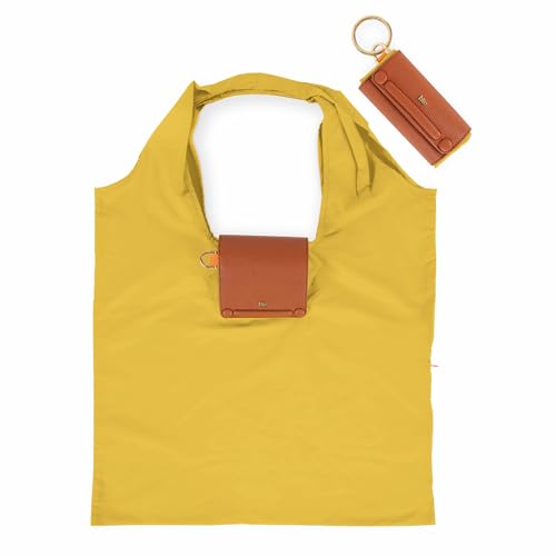 HIE Lepayt Foldable Tote Bag | Women Lightweight, Compact & Durable Handbag | Eco-Friendly Convertible Travel Tote with Detachable Golden Metal Keychain Loop & Vegan Leather Cover. (Honey Mustard)
