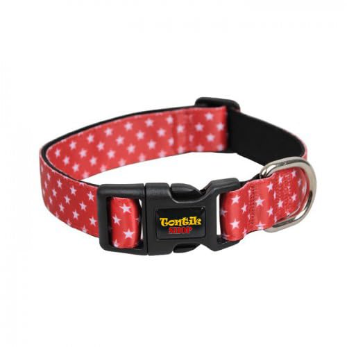 Handmade Red White Stars Dog Collar - Tontik Shop Colorful wide collar for dogs made of woven fabric - 3 Sizes - For small, medium and large dogs -
