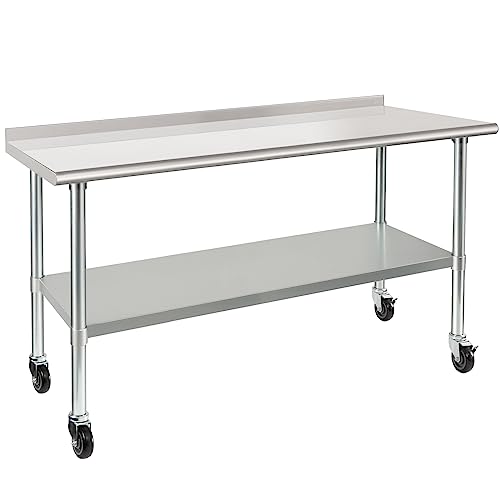 Image of HARDURA Stainless Steel Table 24 x 60 Inches with Wheels Casters NSF Heavy Duty Commercial Prep Table with 2 inch Backsplash and Adjustable Undershelf for Restaurant Kitchen Home and Hotel