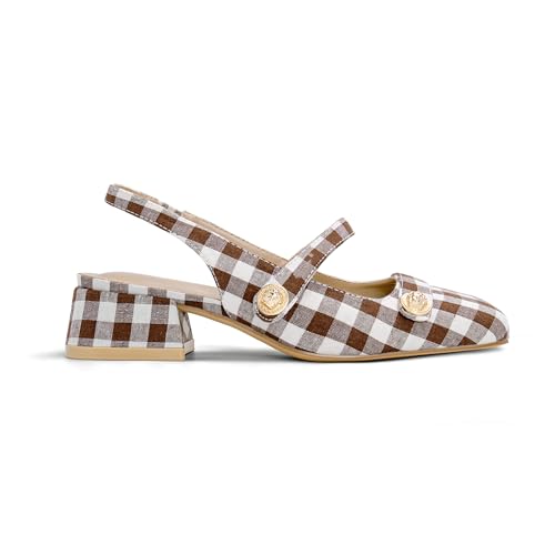 Image of Slingback Mary Jane Heels for Women Low Block Heel Closed Square Toe Pump Shoes Heels Classic Daily Office Dressy Shoes