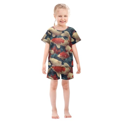 Pajama Short Sets Koi Fish Pattern Print Soft Cotton Summer Sleepwear 2 Piece PJS Size 5-14T4